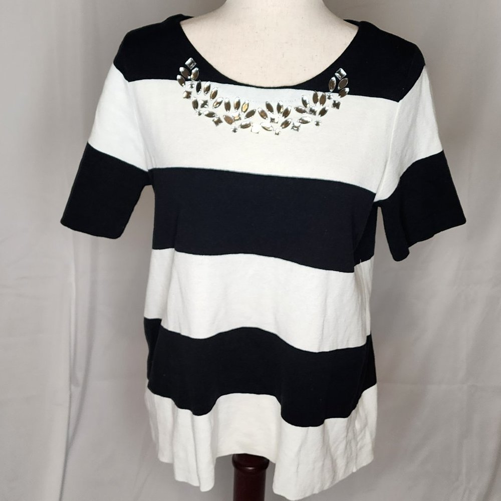 The Limited Black and White Striped Sweater with Jeweled Neckline Size XL